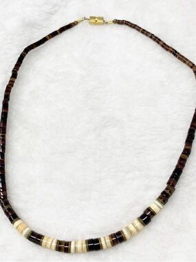 Earth Tone Heshi Bead Necklace Neutral Brown Cream Minimalist Boho Artisan Surf